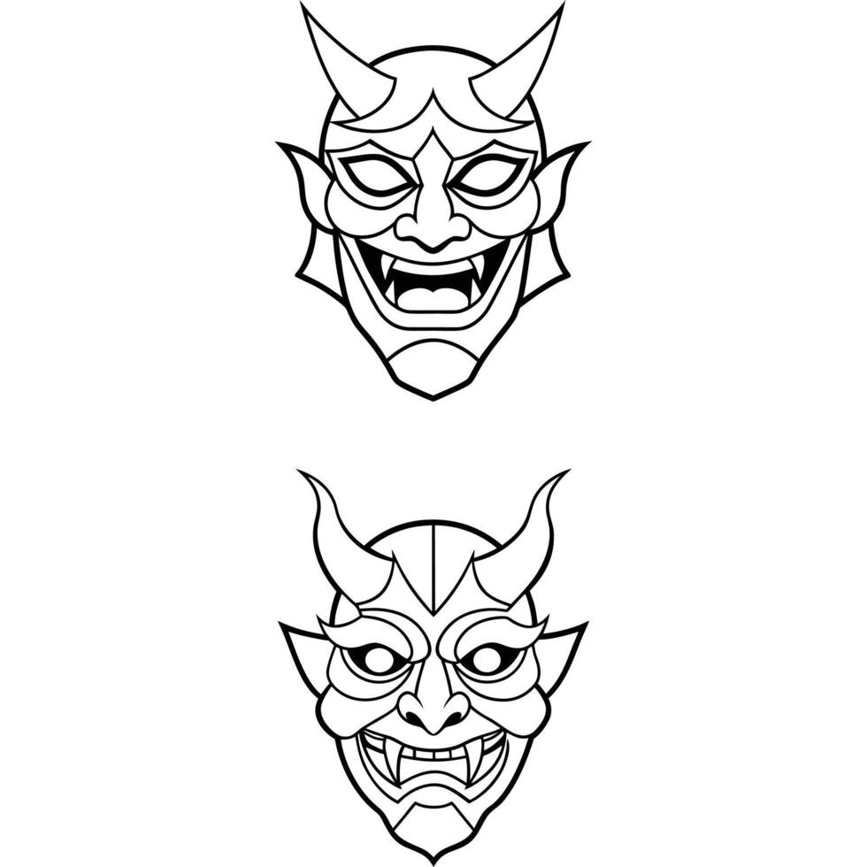Hand drawn Japanese Oni demon mask coloring vector