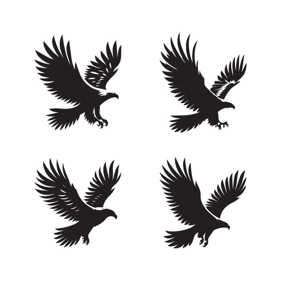 Eagle bird fly wings black soild silhouette bundle isolated on white background, clip art logo icon set vector