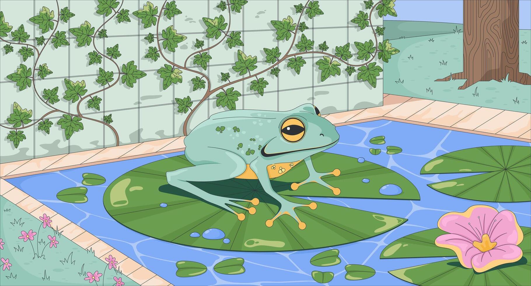 Peaceful frog on lily pad in pond against ivy wall lofi wallpaper. Lotus water plants toad. Amphibian on lilypad 2D cartoon flat illustration. art image lo fi aesthetic color background vector