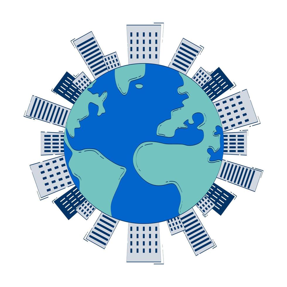 Earth globe with city buildings around 2D doodle object. Urban worldwide. Planet encircled by skyscrapers cartoon element flat clipart isolated on white background. Hand drawn illustration vector