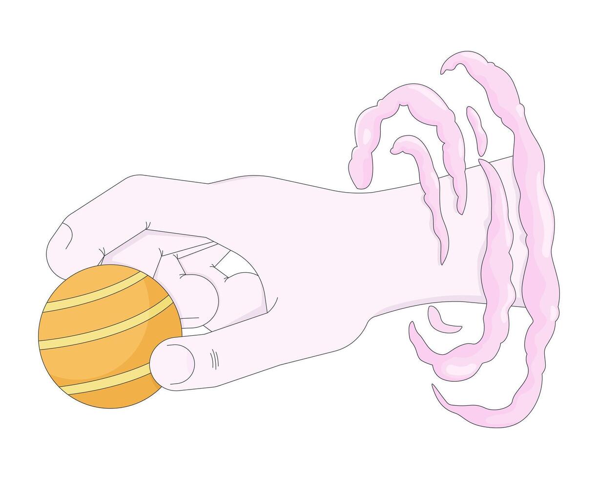 Surreal lo-fi hand holding striped planet illustration. Cosmic fantasy. Dreamlike space magic. Dreamy grip celestial body 2D cartoon image isolated on white. Editable flat clipart colorful vector