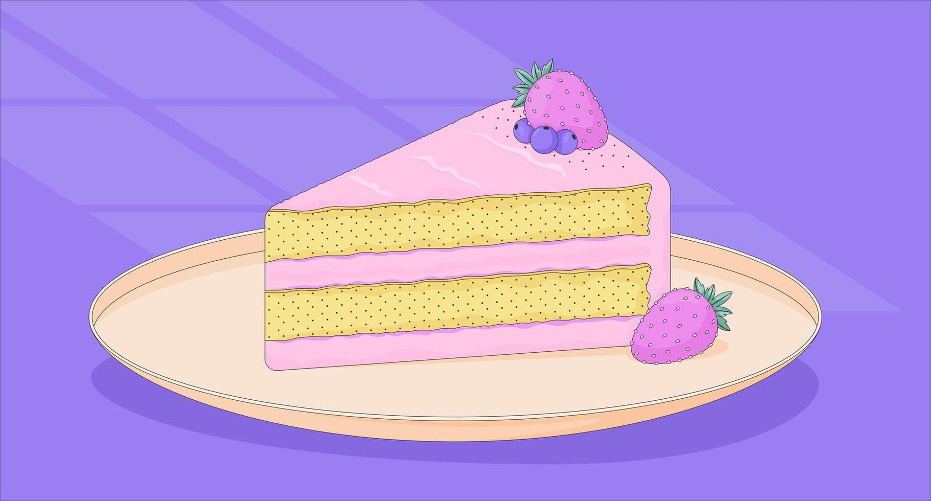 Strawberry cake piece with berries on plate lofi wallpaper. Dreamy sweet. Afternoon snack. Delightful dessert slice 2D cartoon flat illustration. art image lo fi aesthetic color background vector