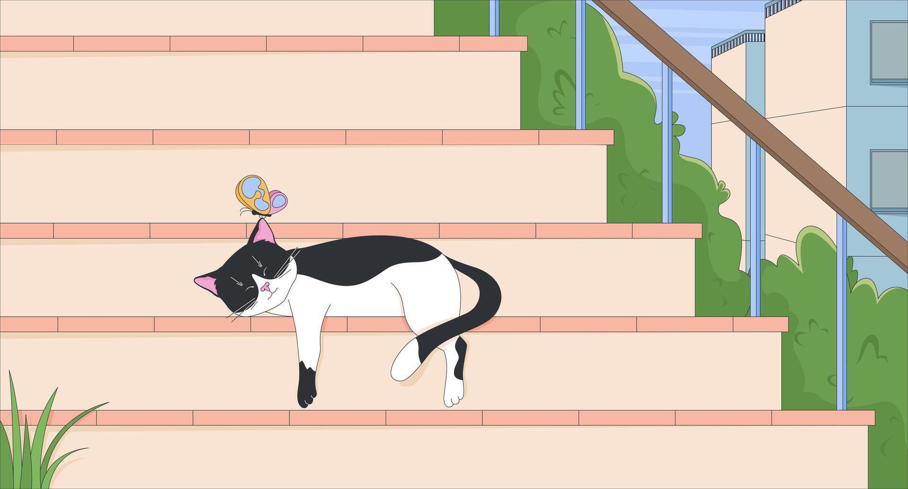 Sleeping tuxedo cat on outdoor steps with butterfly lofi wallpaper. Cute black and white kitty napping in urban summer 2D cartoon flat illustration. art image lo fi aesthetic color background vector