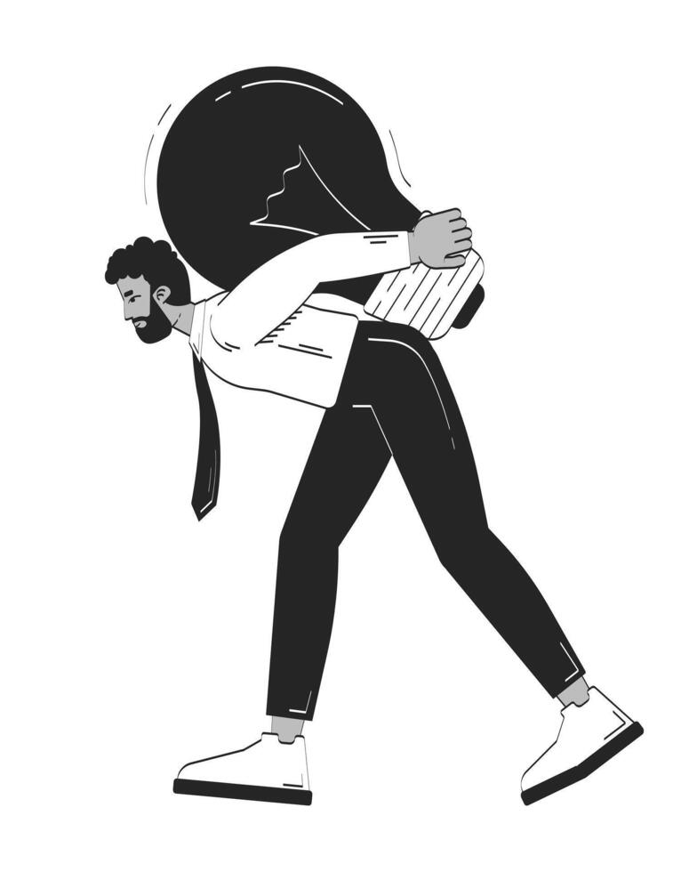 Professional black man carrying giant light bulb on back doodle linear character. Businessman struggling with lightbulb 2D outline person isolated. Hand drawn drawing illustration monochrome vector
