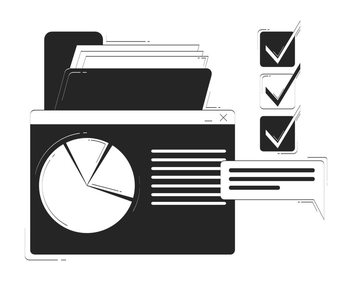 Business dashboard with charts, files and checklist doodle linear object. Piechart, text lines, check boxes 2D outline clip art drawing isolated on white. Hand drawn sketch illustration vector
