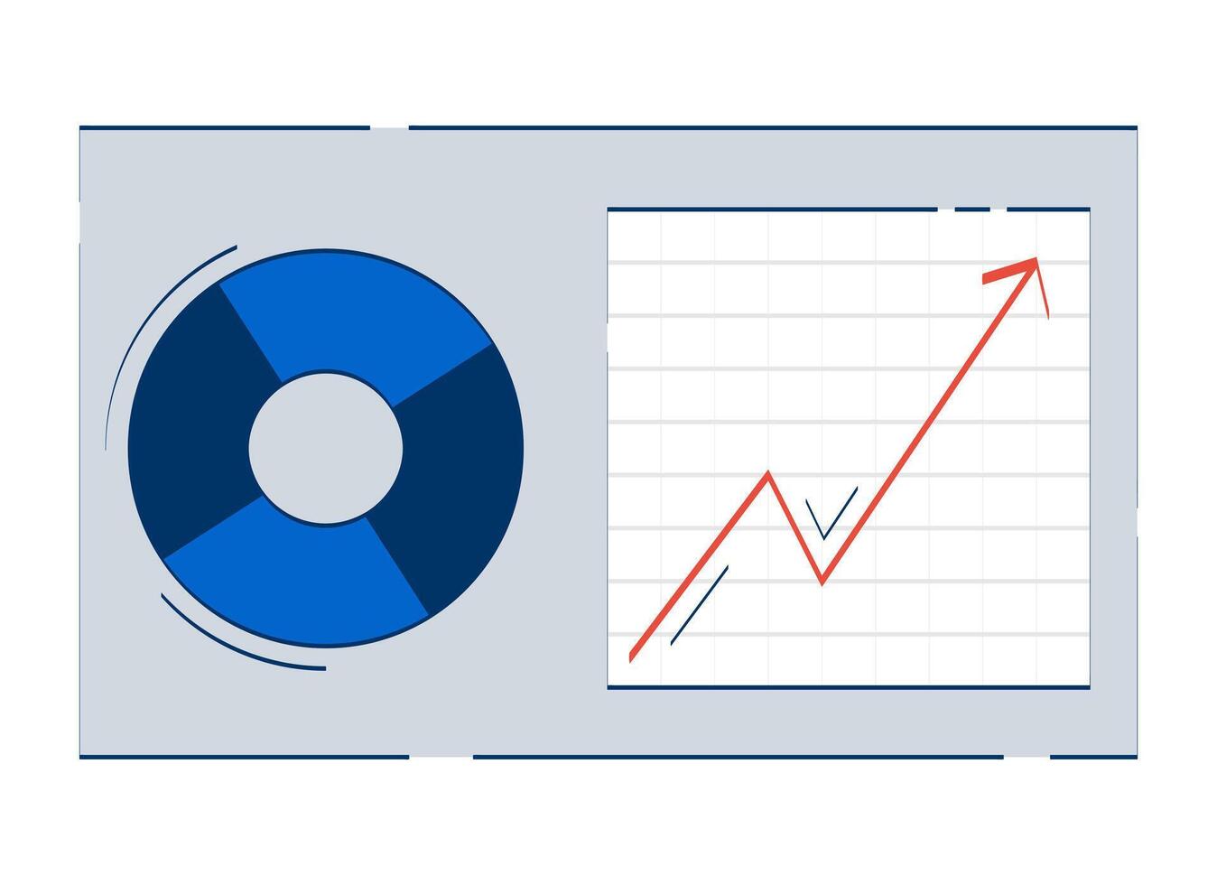 Business analytics dashboard with chart and graph 2D doodle object. Data analysis. Piechart, upward trend cartoon element flat clipart isolated on white background. Hand drawn illustration vector