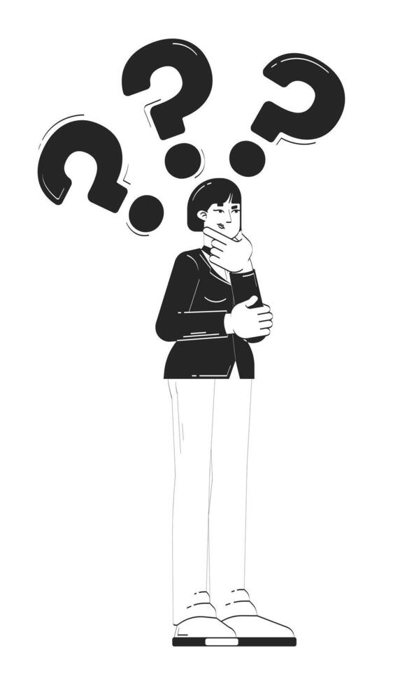 Asian business woman thinking with question marks doodle linear character. Thoughtful korean businesswoman decision making 2D outline person isolated. Hand drawn drawing illustration monochrome vector
