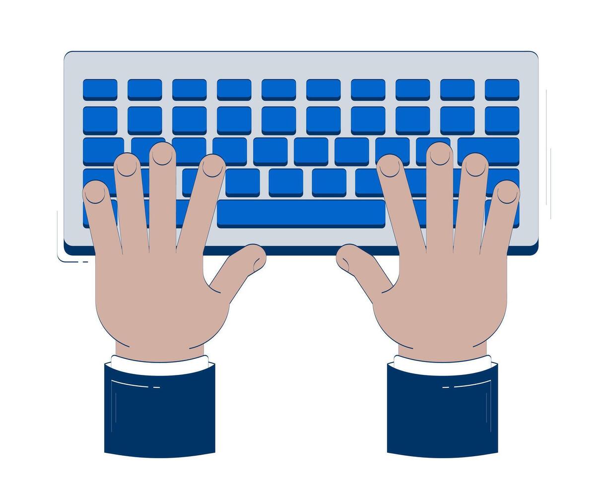 Typing hands on keyboard doodle cartoon illustration. Digital work. Data entry. Online communication. Keys input top view 2D drawing isolated on white background. Editable hand-drawn clipart vector