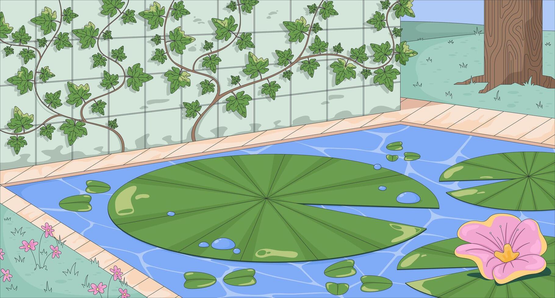 Lily pads and lotus flower in lo-fi pond flat illustration background. Blooming backyard garden water. Lilypad, waterlily with ivy vines wall 2D cartoon backdrop. Colorful scene art image vector
