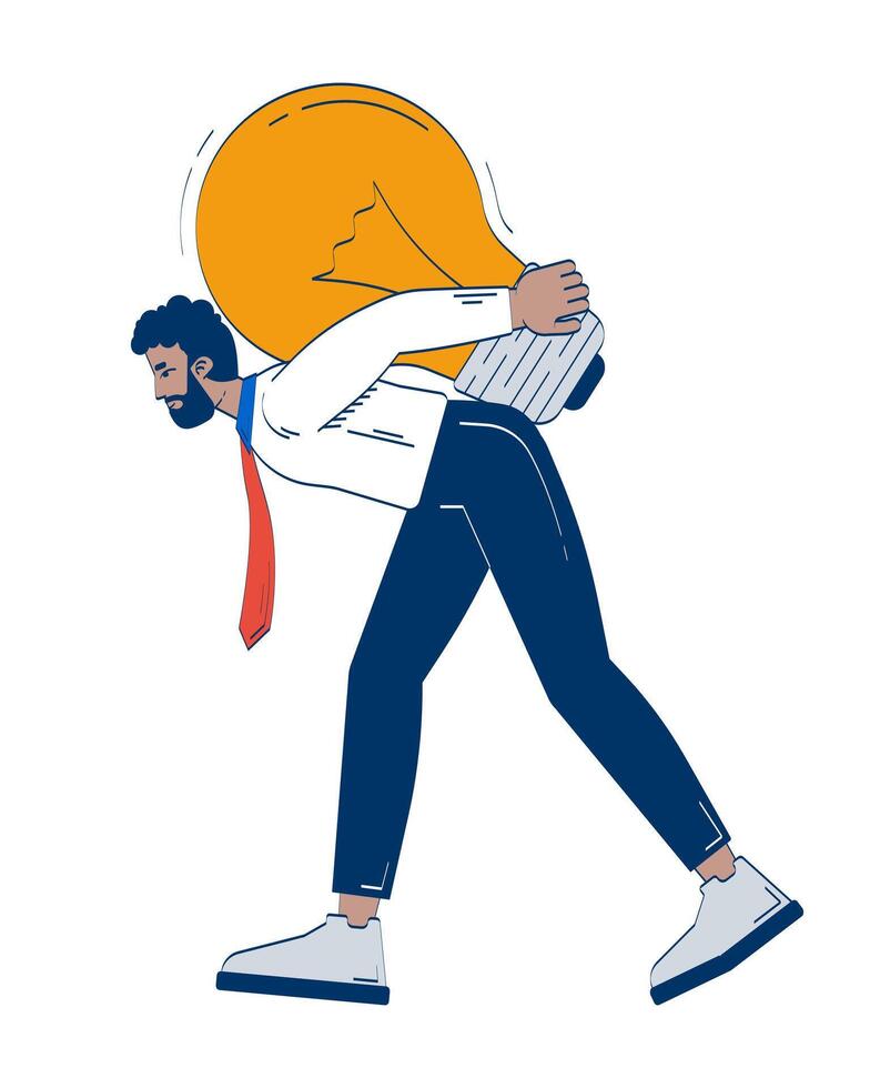 Professional black man carrying giant light bulb on back 2D doodle character. Businessman struggling with lightbulb cartoon person drawing isolated on white. Hand drawn illustration colorful vector