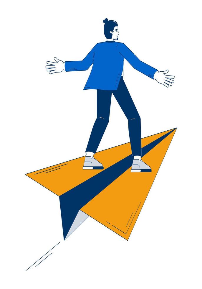 Confident business man riding forward on large paper plane 2D doodle character. Freedom, career progression. Manager cartoon person drawing isolated on white. Hand drawn illustration colorful vector