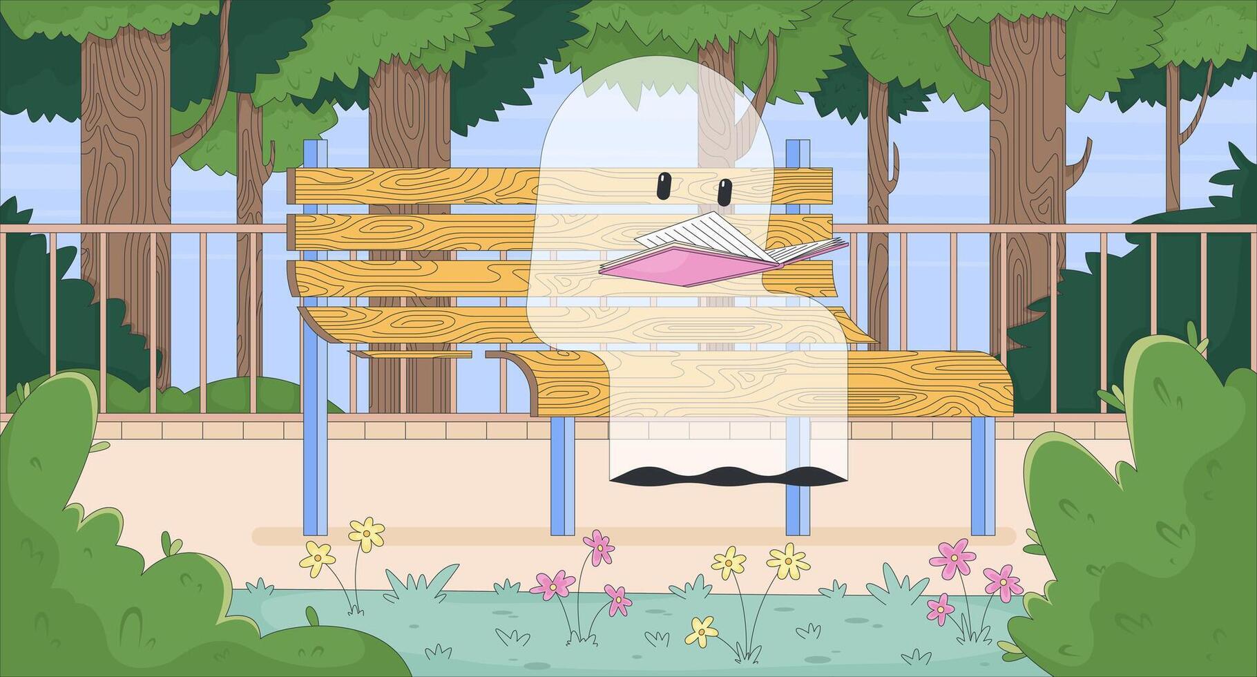 Whimsical ghost reading on park bench peacefully lofi wallpaper. Children fantasy. Relaxing outdoors with book 2D cartoon flat illustration. art image lo fi aesthetic color background vector