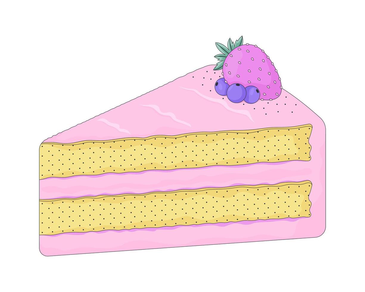 Strawberry cake slice with blueberries 2D cartoon object. Cute dessert. Yummy lo-fi snack. Kawaii bakery pastry. Sweet treat isolated element flat clip art on white. Spot illustration vector