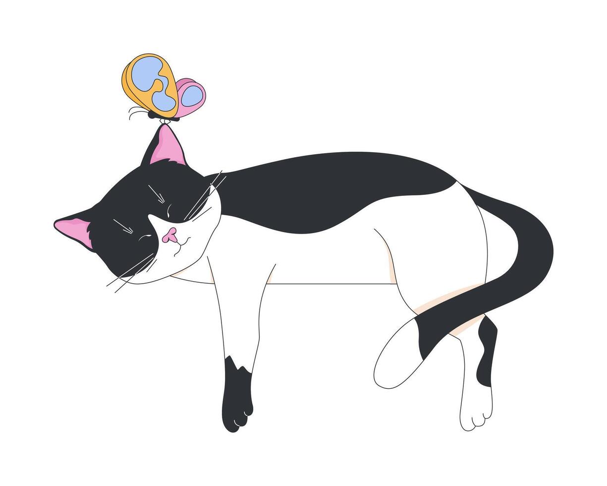 Sleeping black and white cat with butterfly 2D cartoon character. Lo-fi peaceful feline resting. Relaxed kitten. Cute kitty nap time flat animal isolated on white. Spot illustration colorful vector