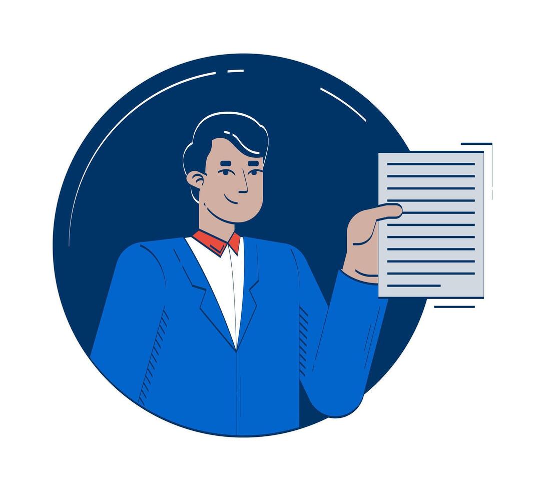 Young indian office worker presenting document 2D doodle character. Smiling business man proposal delivering cartoon person avatar drawing isolated on white. Hand drawn illustration colorful vector