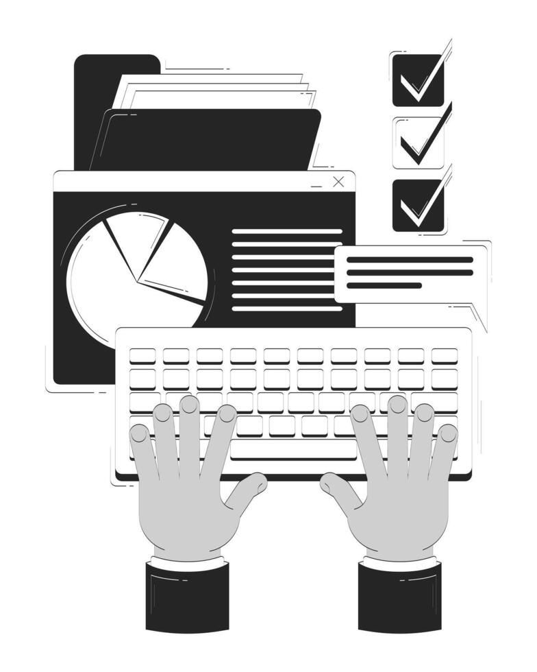 Business task management doodle line illustration concept. Project manager hands typing on keyboard, charts check boxes productivity 2D outline composition isolated. Hand drawn ink metaphor monochrome vector