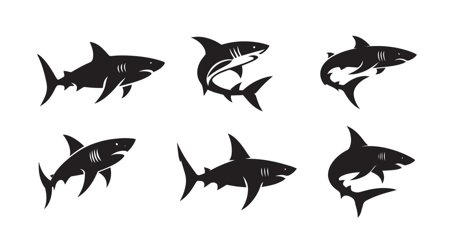 Shark fish black soild silhouette bundle isolated on white background, clip art logo icon set vector