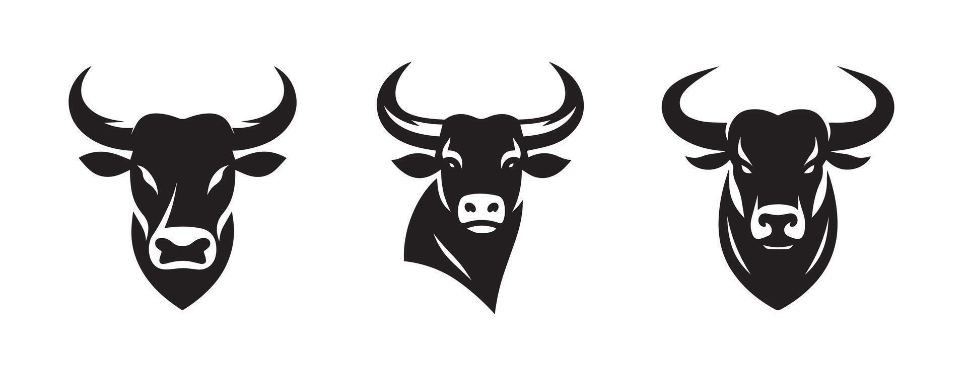 Bull head horn silhouette logo icon isolated on white background, bundle set vector