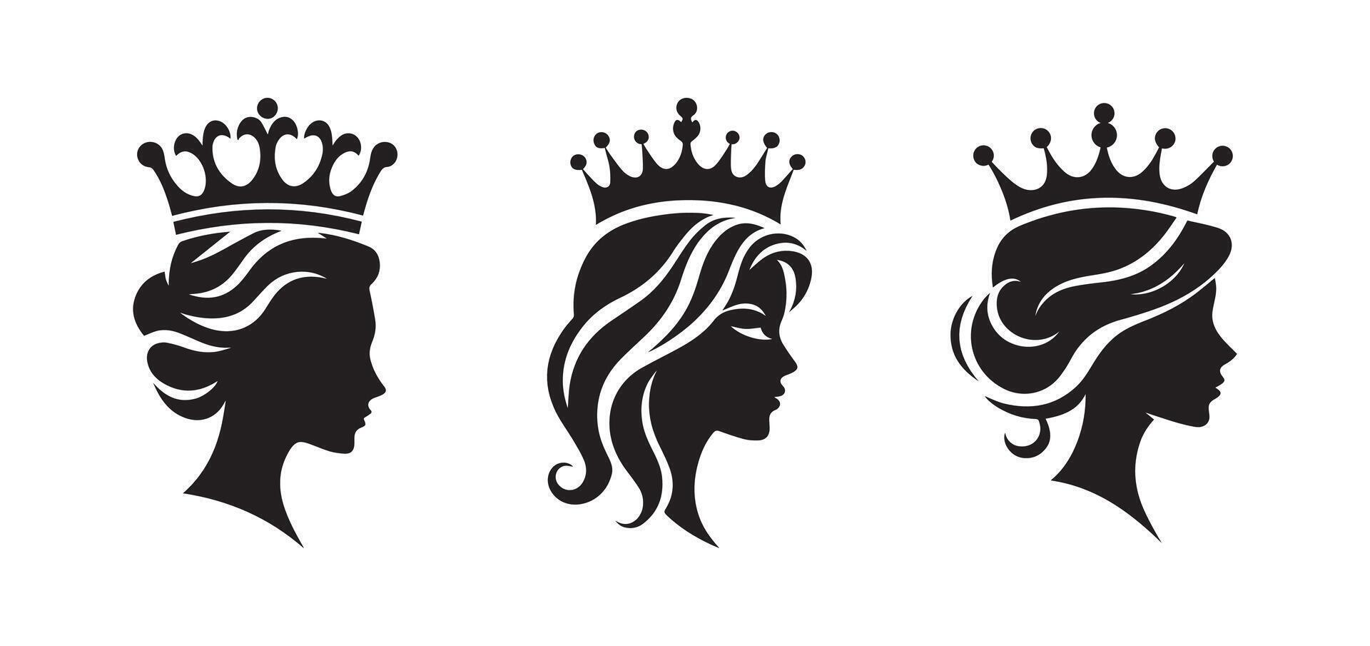 Queen crown black silhouette logo icon isolated on white background, clip art vector