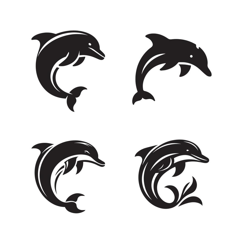 Dolphin black soild silhouette bundle isolated on white background, clip art logo icon bundle vector