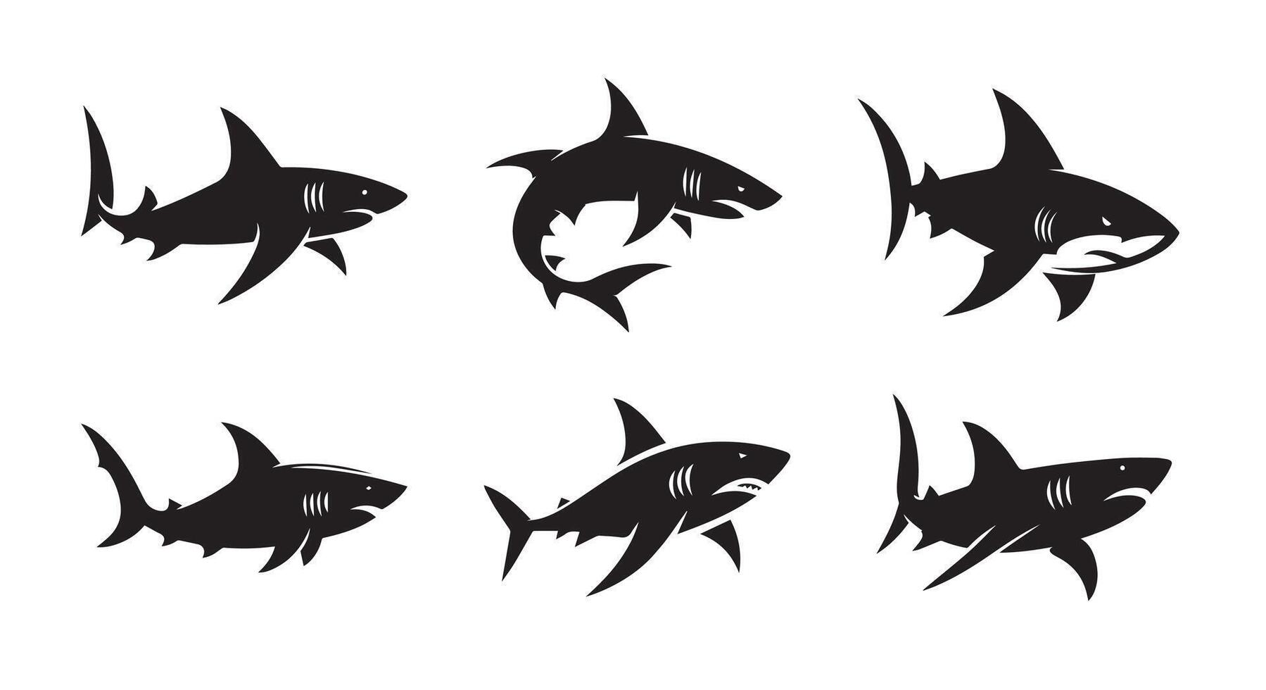 Shark fish black soild silhouette bundle isolated on white background, clip art logo icon bundle vector