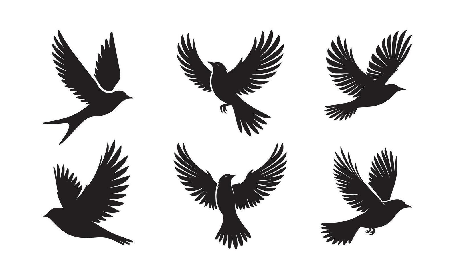 Bird flying black soild silhouette bundle isolated on white background, clip art logo icon set vector