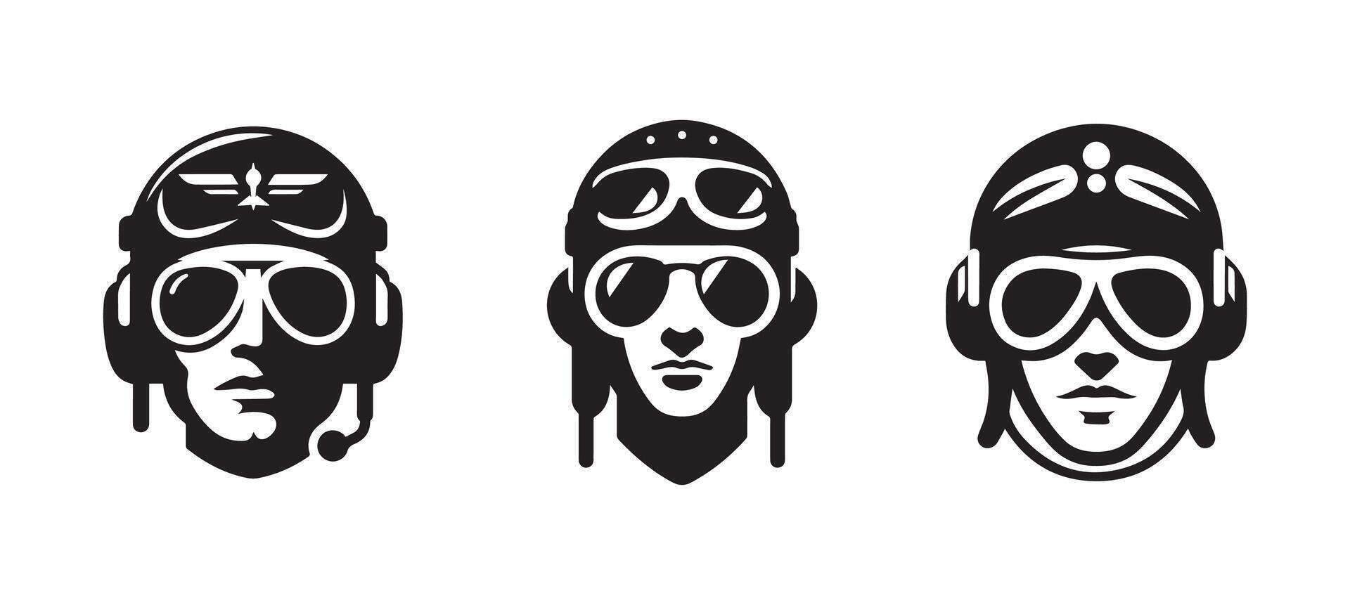 Aviator pilot black silhouette logo icon isolated on white background, clip art vector