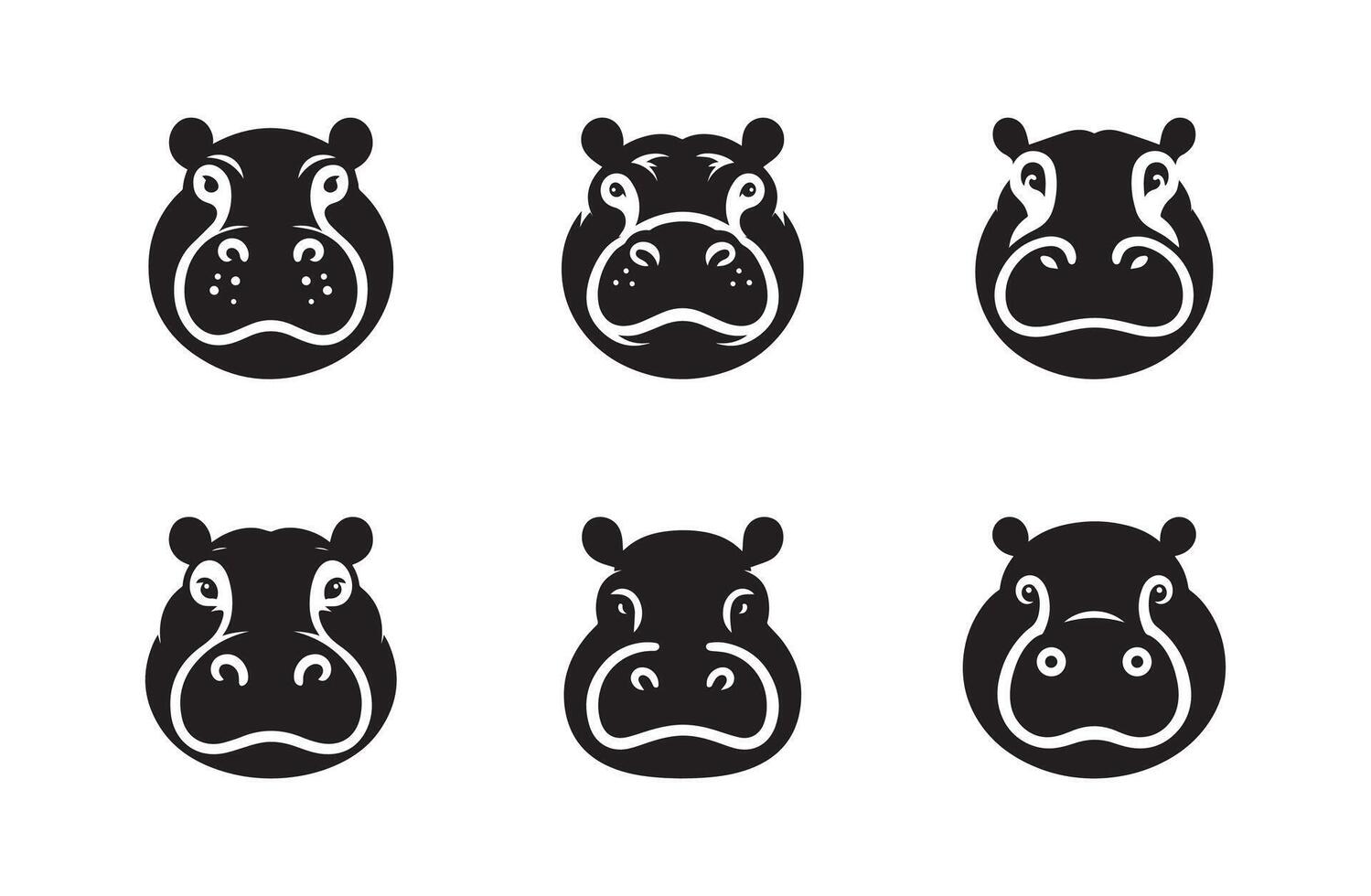 Hippopotamus or hippo face silhouette logo icon isolated on white background, animal clip art set vector