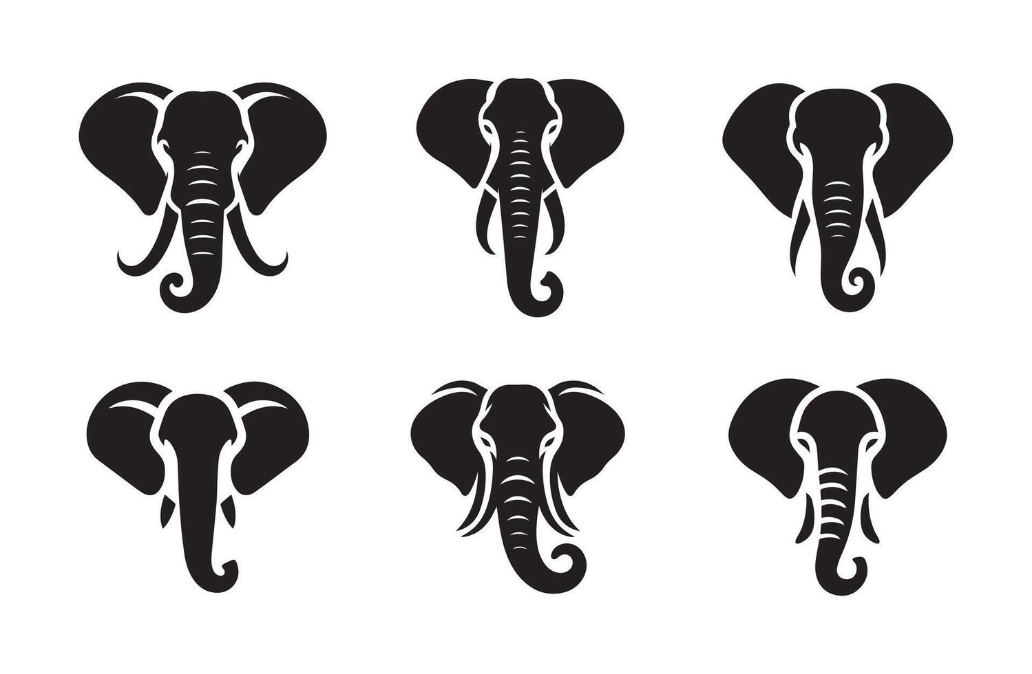 Elephant head silhouette logo icon isolated on white background, animal clip art bundle vector