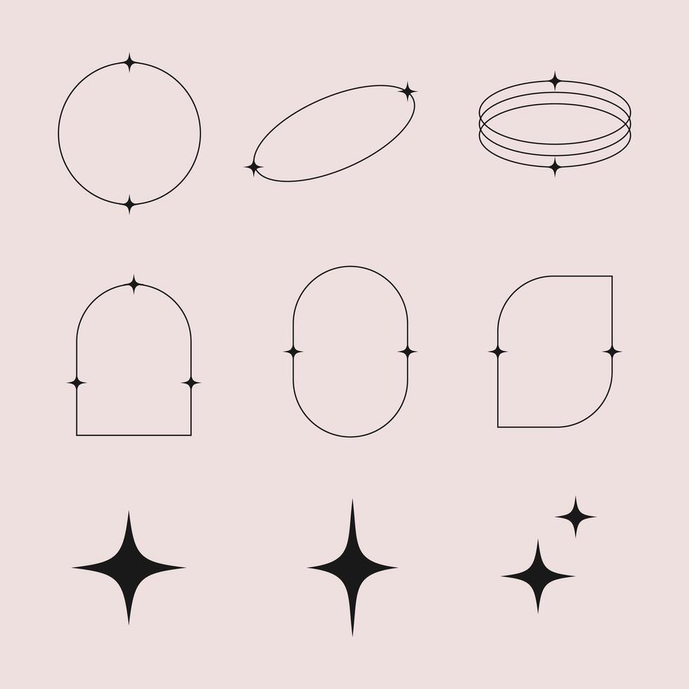 Modern minimalist aesthetic arch line elements, trendy linear frames with stars, geometric design. vector