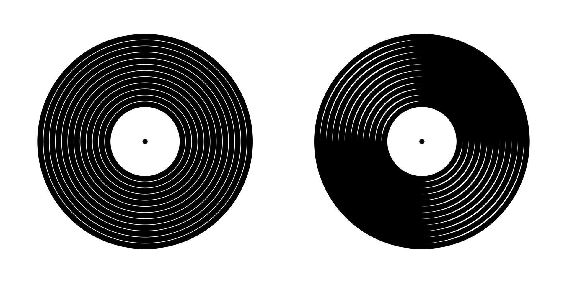 Black vinyl disc icons. Turntable LP or long play music records isolated on white background. DJ equipment for club techno party. 70s 80s 90d discotheque nostalgia design. graphic illustration vector