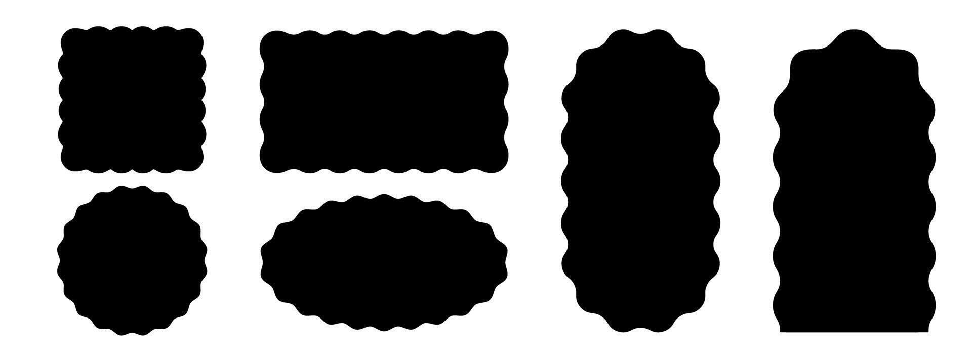 Set of square, circle and rectangle, arch and oval shapes with scallop borders. Curvy geometric forms. Blank text boxes, tags or labels isolated on white background. graphic illustration vector