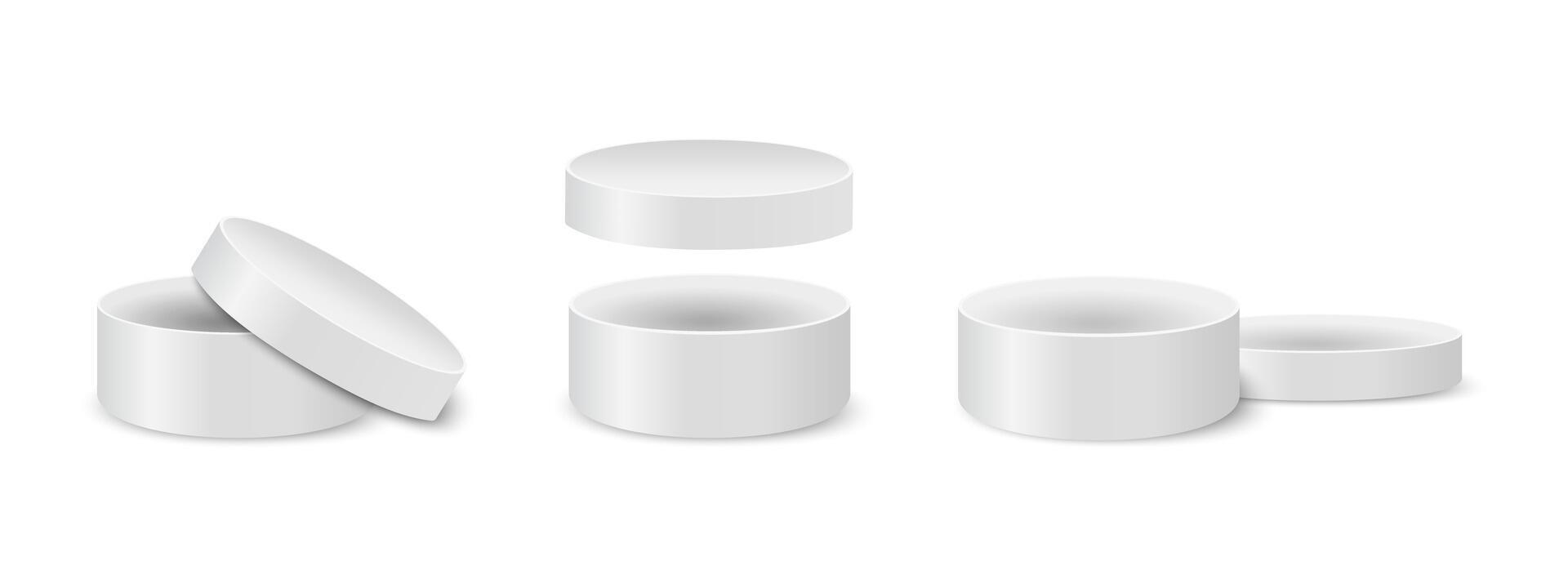 Open round box mockups. Cardboard or steel containers for gifts or hats, cosmetics or medicine, sweets or cookies. Silver cylindrical packages. realistic illustration vector