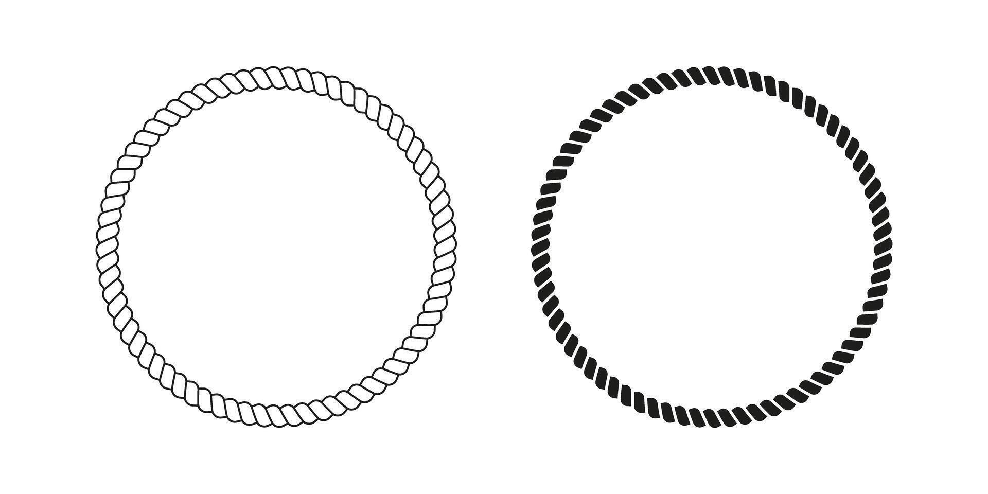 White and black round rope frames. Hemp or steel circular borders of cord or thread, cable or jute. Design elements on maritime, yacht or nautical theme. graphic illustration vector