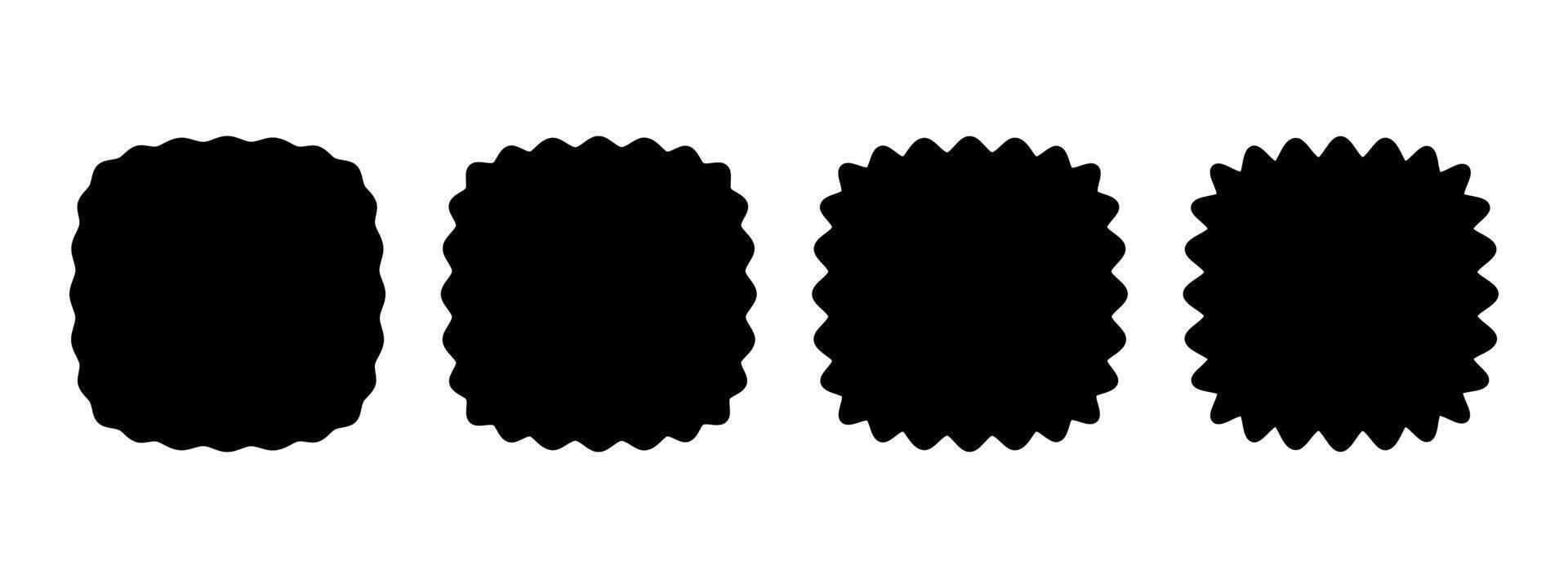Set of wavy squircles or square shapes with rounded borders. Simple geometric scalloped shapes isolated on white background. Blank wiggly tag or box templates. graphic illustration vector