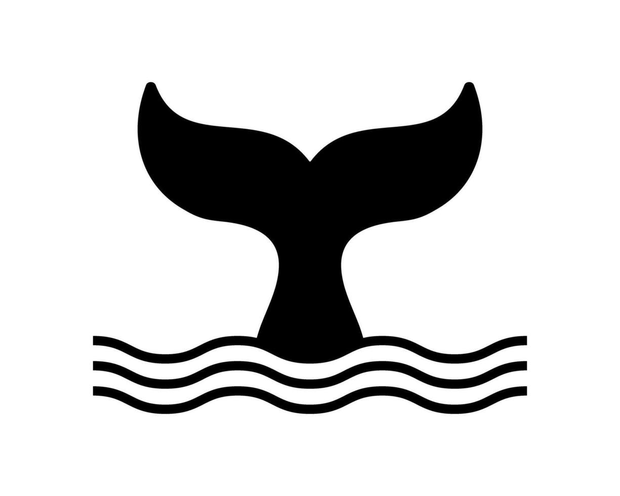 Whale tail with waves icon. Dolphin, orca, beluga or another marine mammal sign. Black cetacean animal fin silhouette isolated on white background. Ocean beast symbol. graphic illustration vector