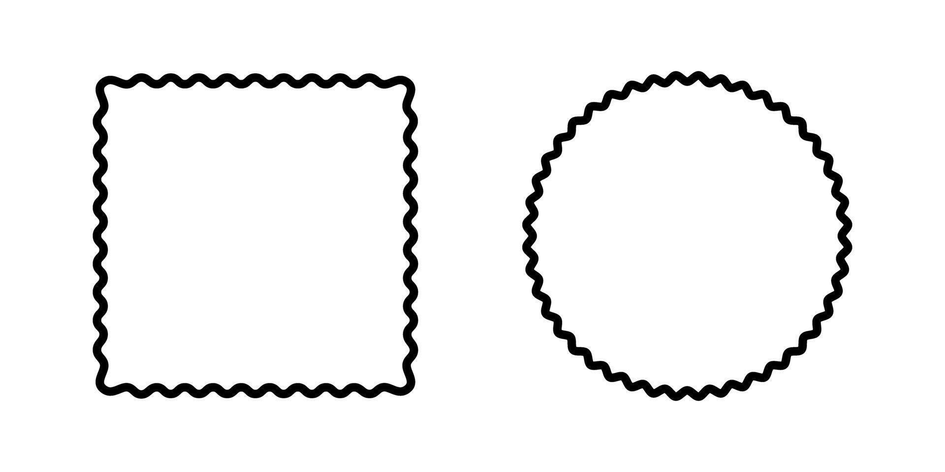 Round and rectangular frames with curvy edges. Circle and square shapes with undulated borders. Empty frilly text boxes, tags or labels isolated on white background. graphic illustration vector