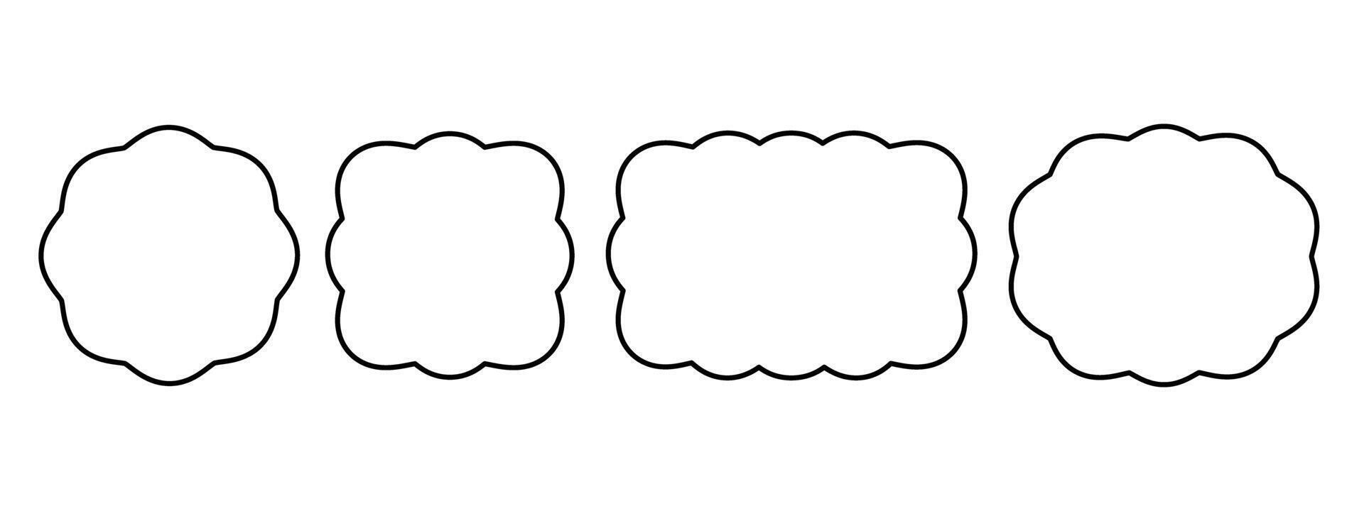Set of circle, square, oval and rectangle frames with wavy edges. Geometric shapes with scallop borders. Blank text boxes, tags or labels isolated on white background. outline illustration vector