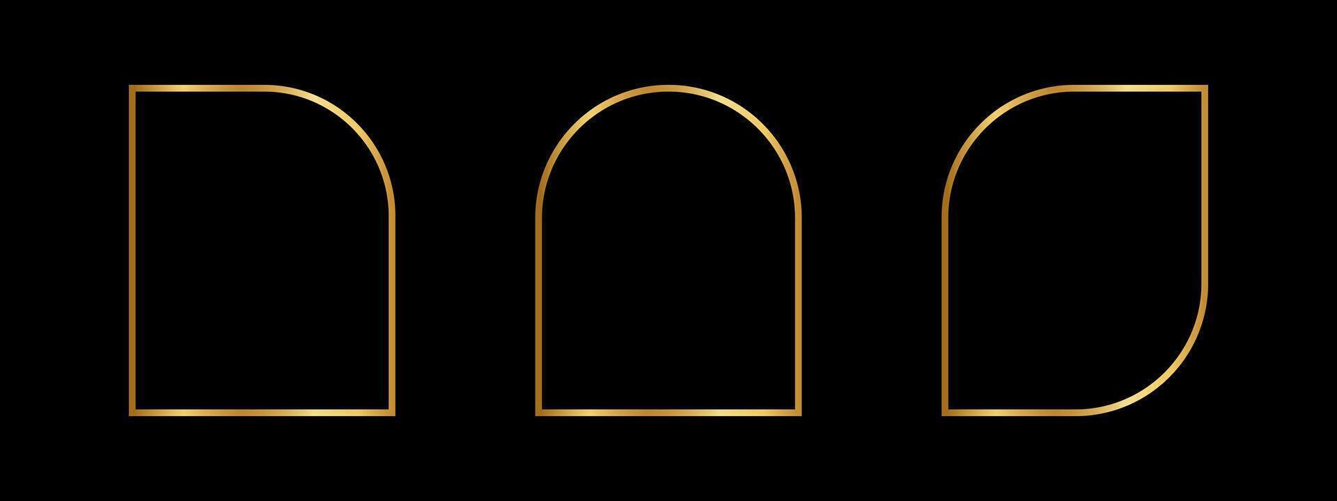 Set of golden arch, semiarch and leaf frames. Elegant gold templates in art deco style for wedding invitation or greeting cards, event or party banners on dark background. illustration vector
