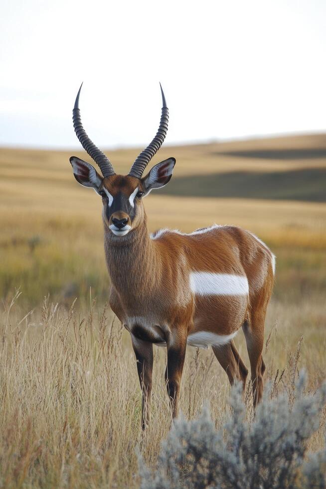 A brown and white antelope standing in a field photo