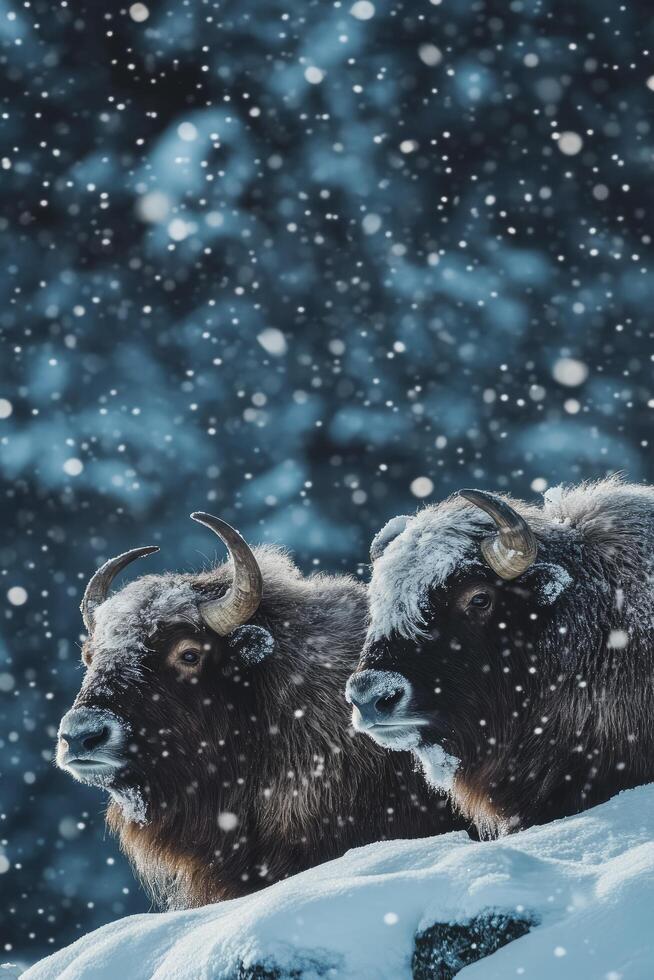Two yak bulls are standing in the snow photo