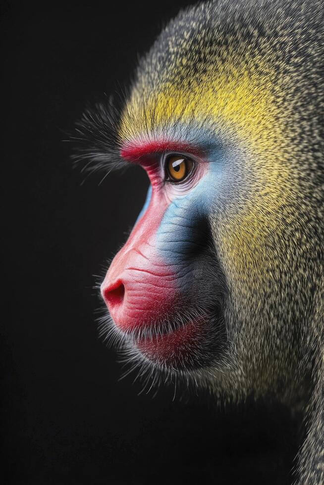A close up of a monkey's face with a red nose photo