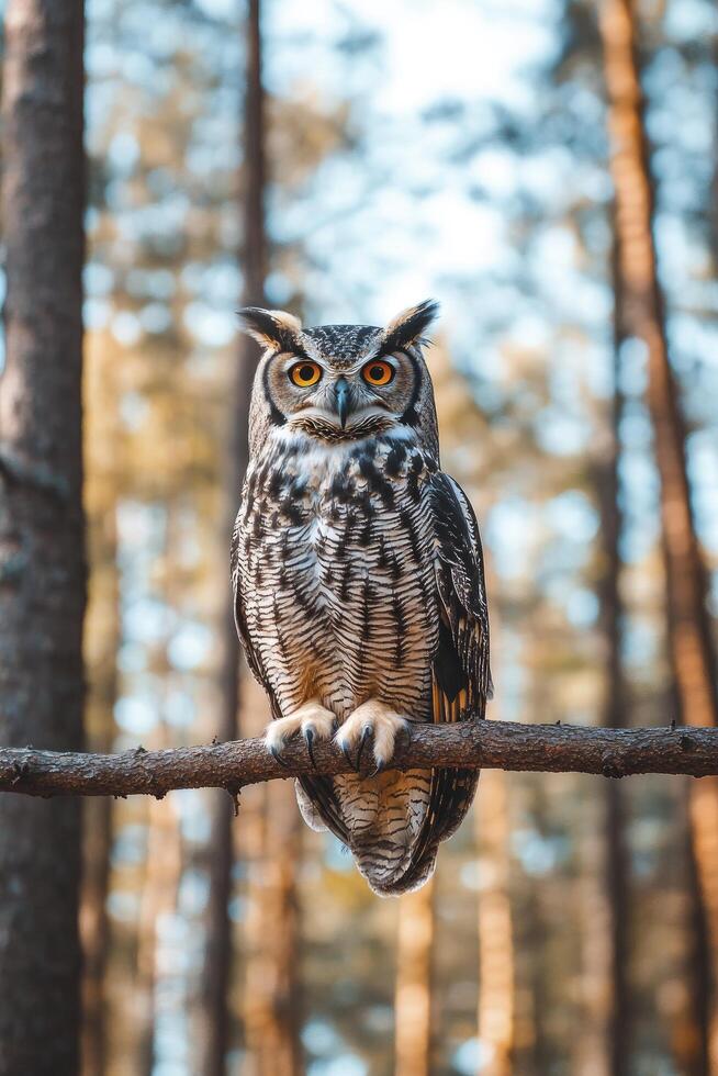 Owl sitting on a branch in the forest photo