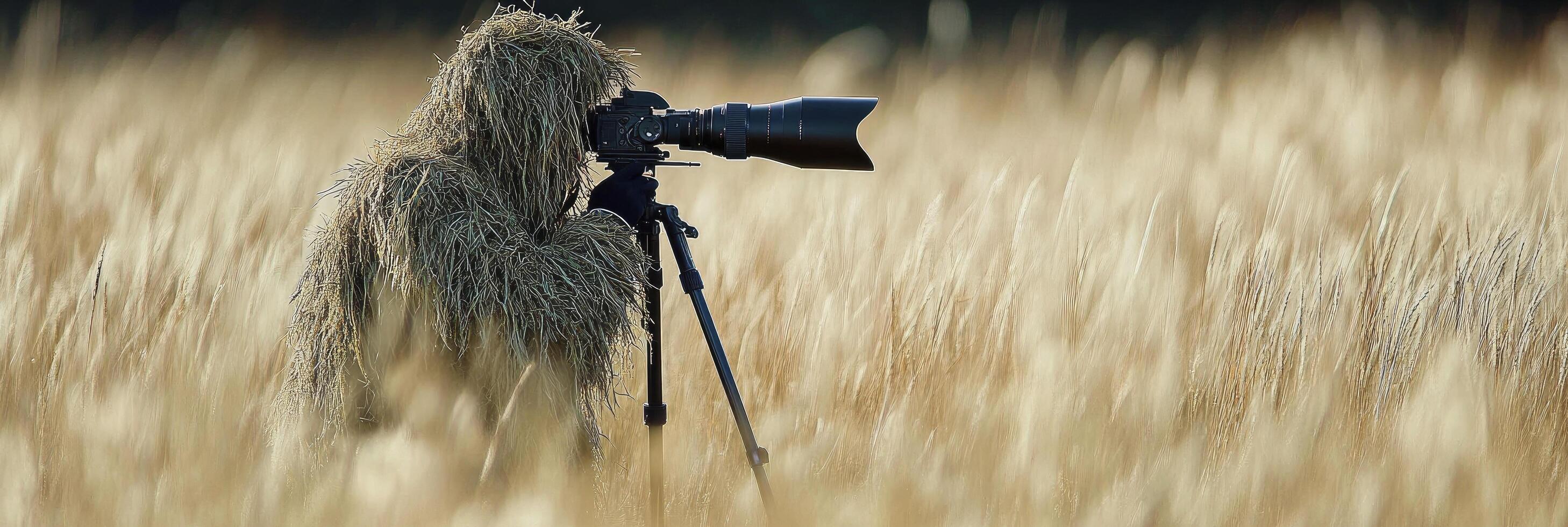 A man in a hood is taking a picture in a field photo
