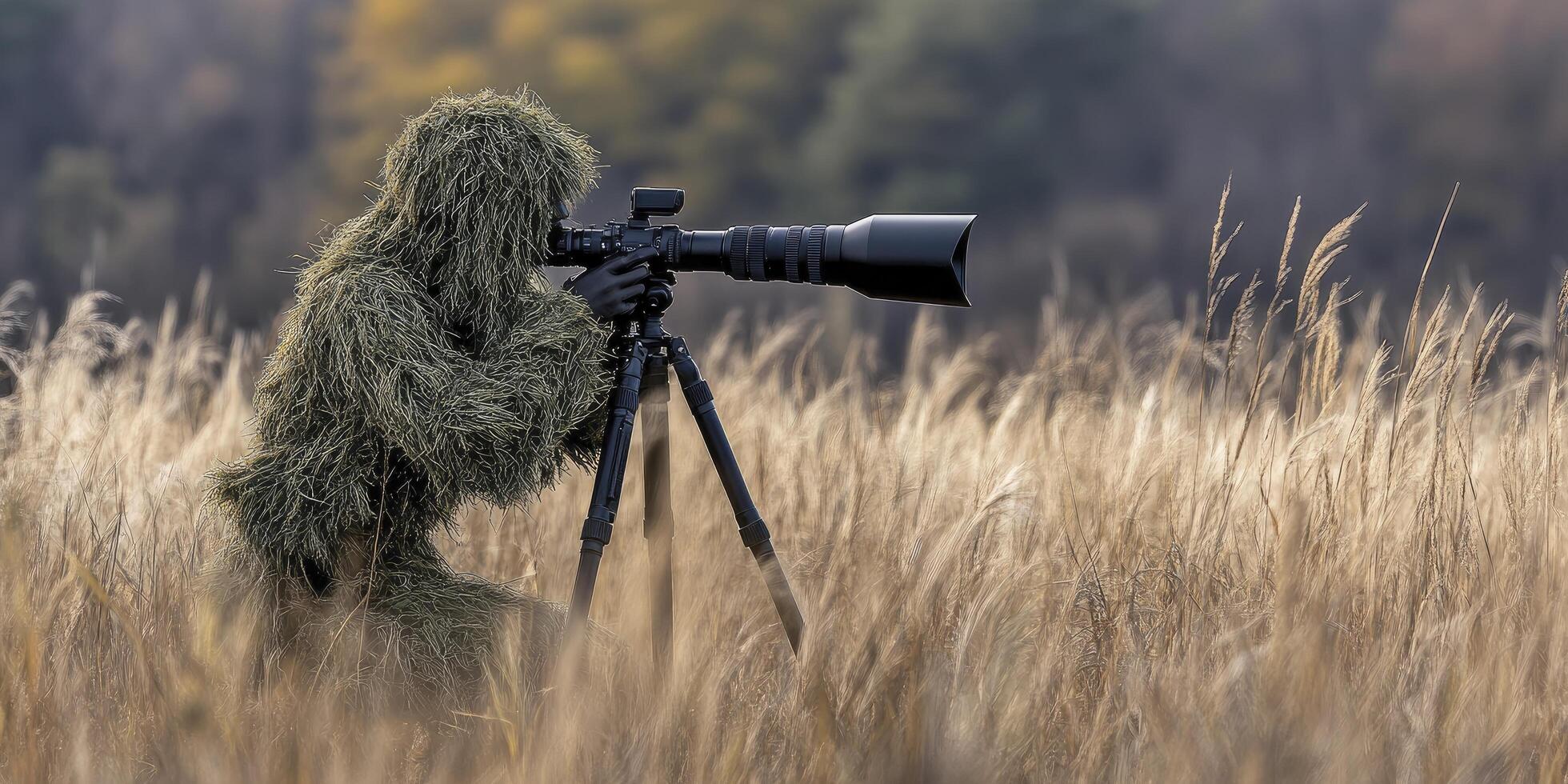 A man in a camouflage suit is taking a photo