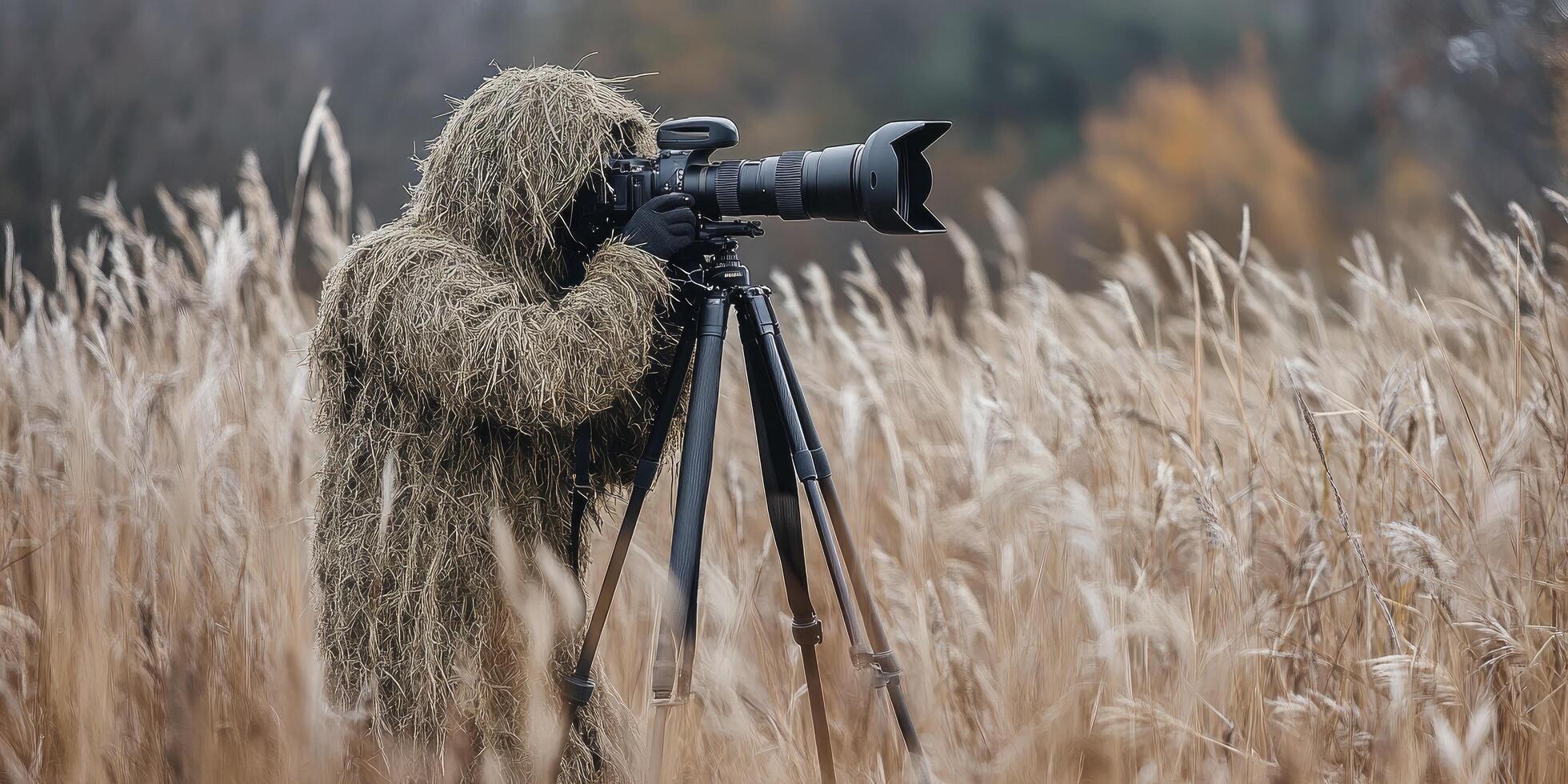 A man in a camouflage suit is taking a photo in a field