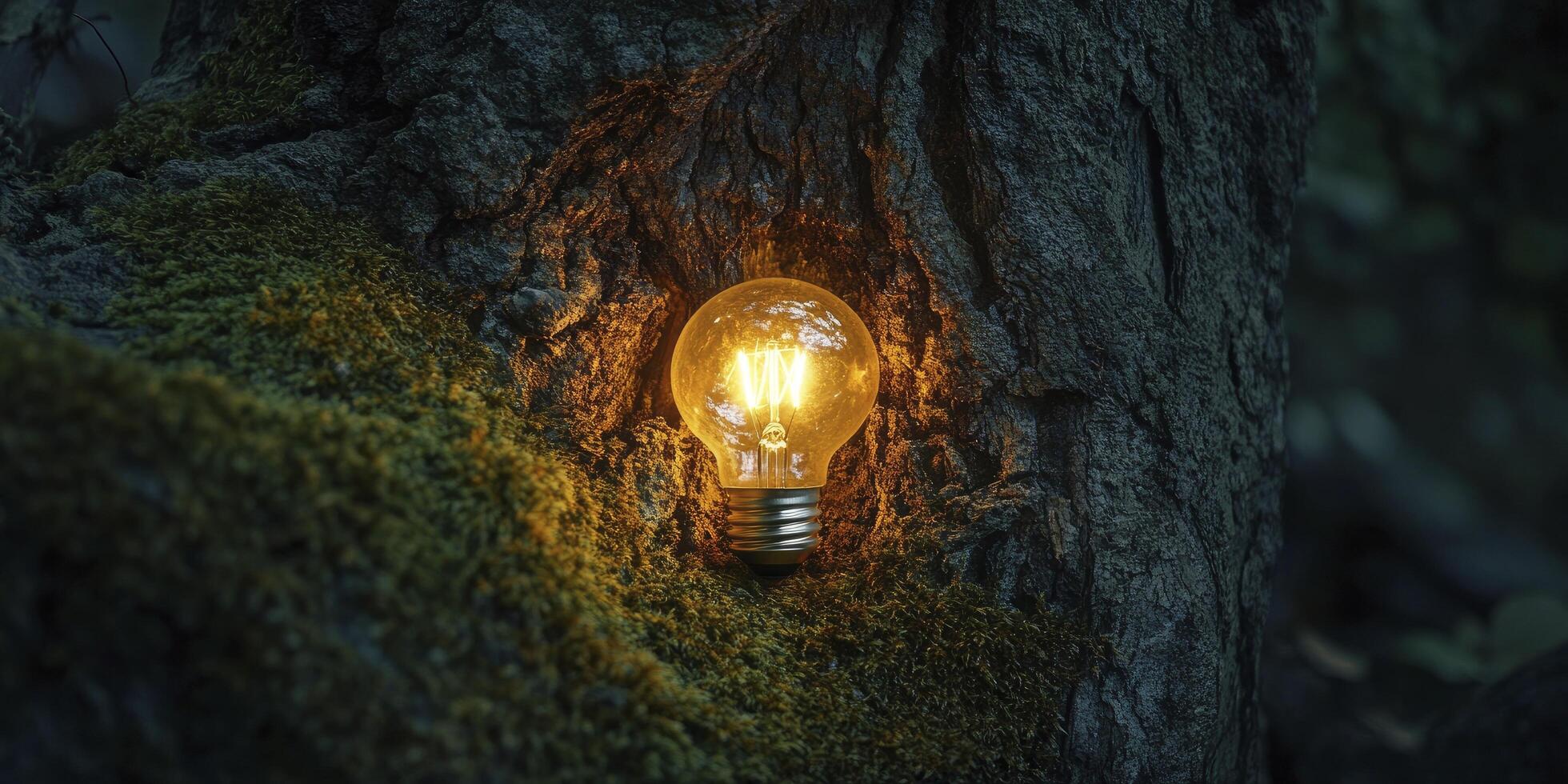 A light bulb is shining on a tree photo