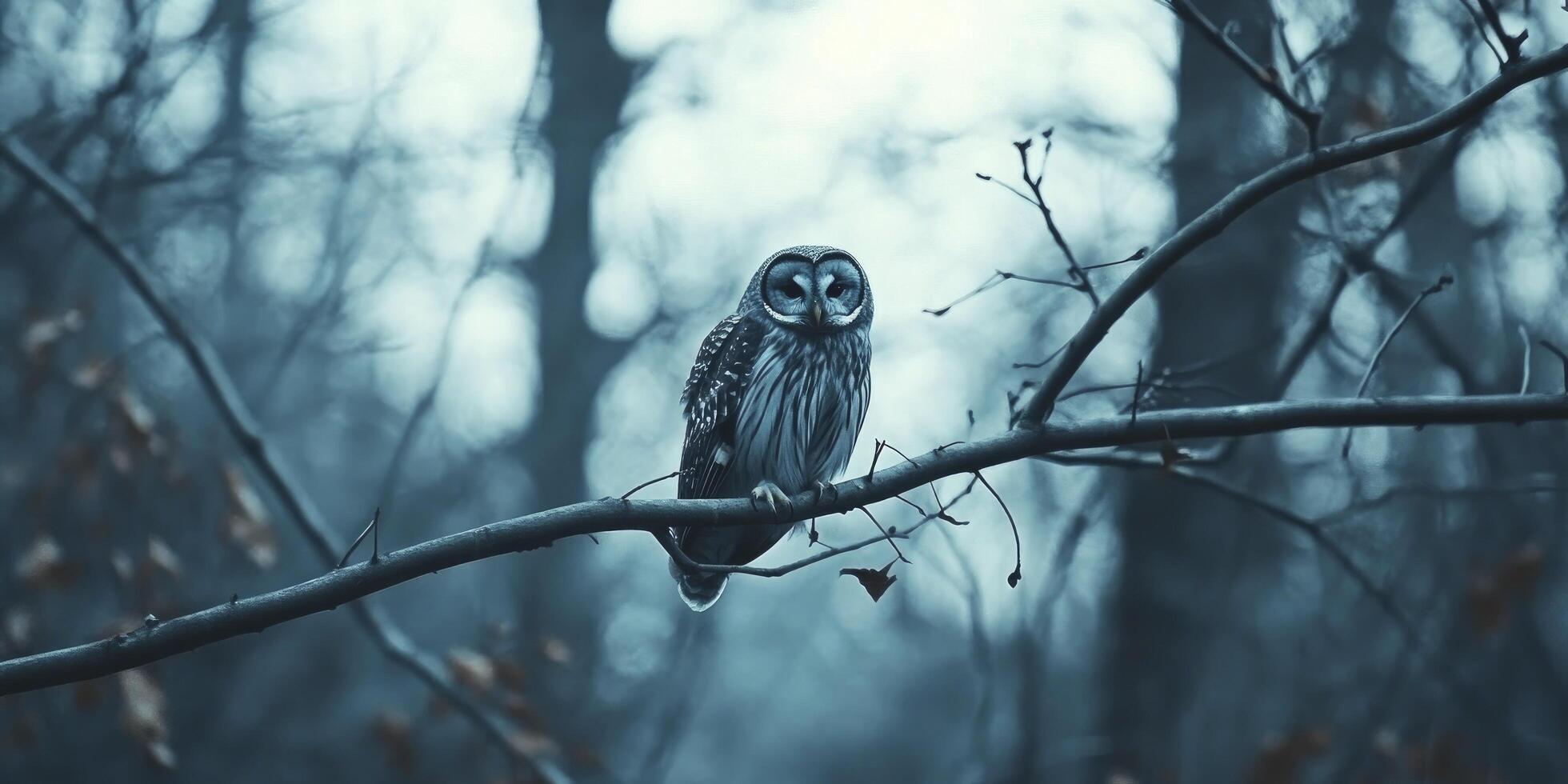 An owl is sitting on a branch in the woods photo