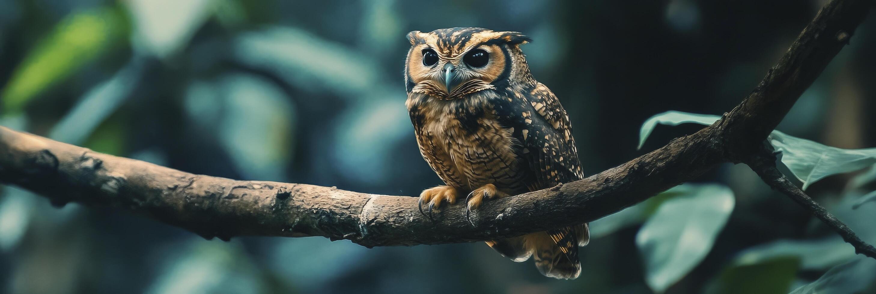 An owl is sitting on a branch in the forest photo