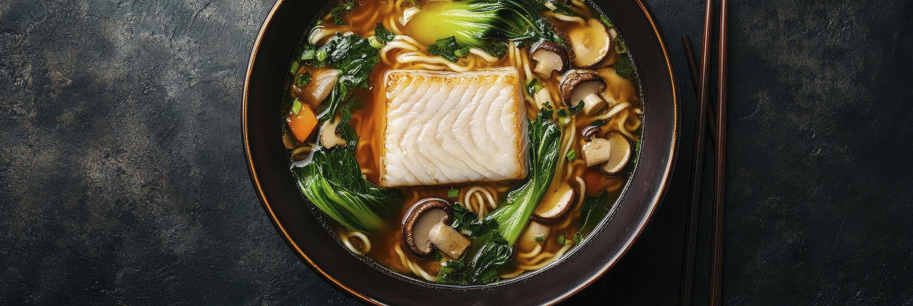 A bowl of soup with fish and vegetables photo